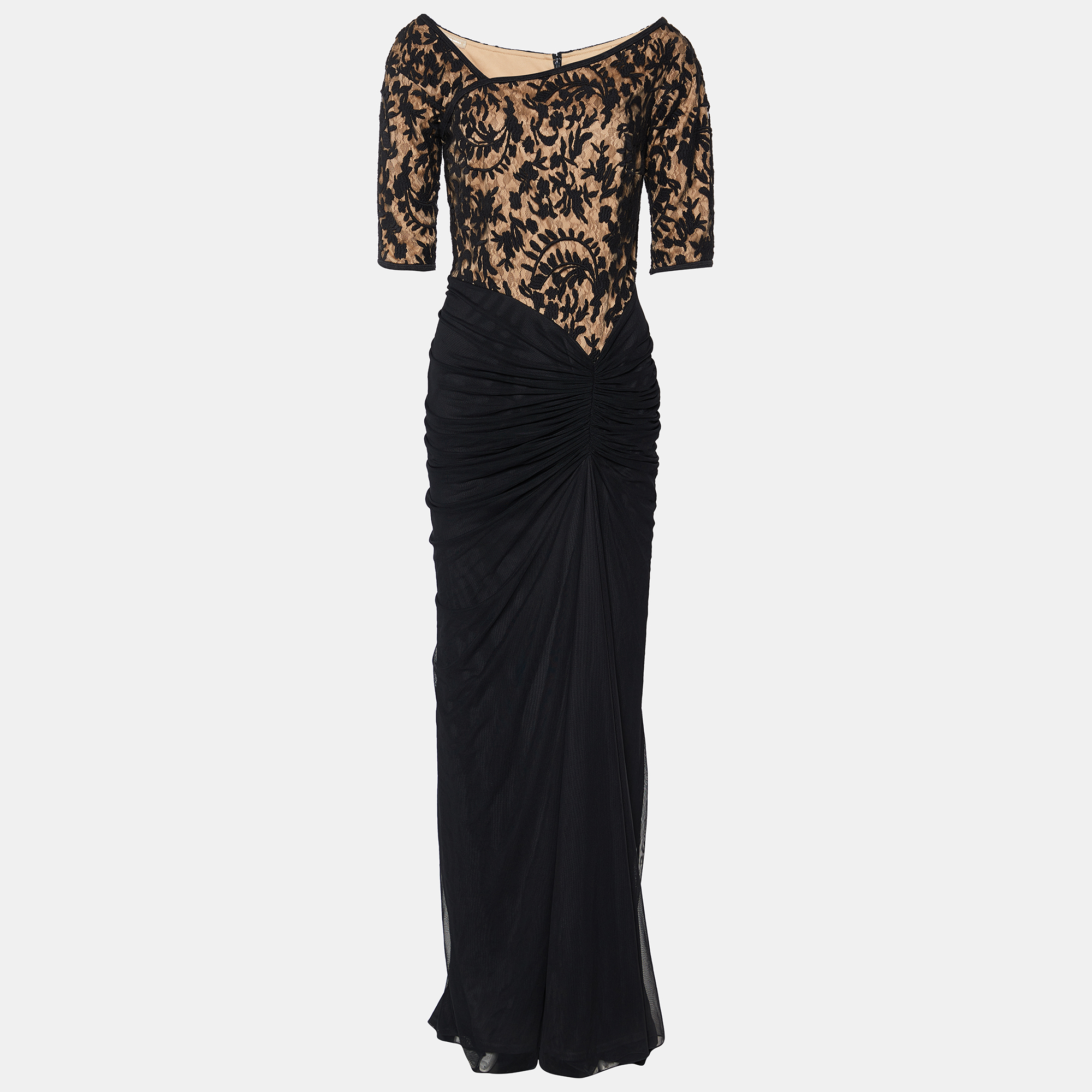 Tadashi Shoji Black Lace & Ruched Tulle Gown M