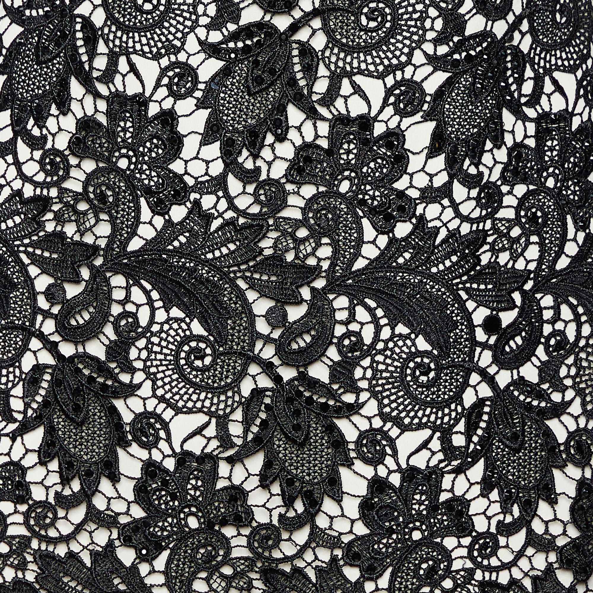Tadashi Shoji White Knit & Black Embellished Lace Sleeveless Gown M