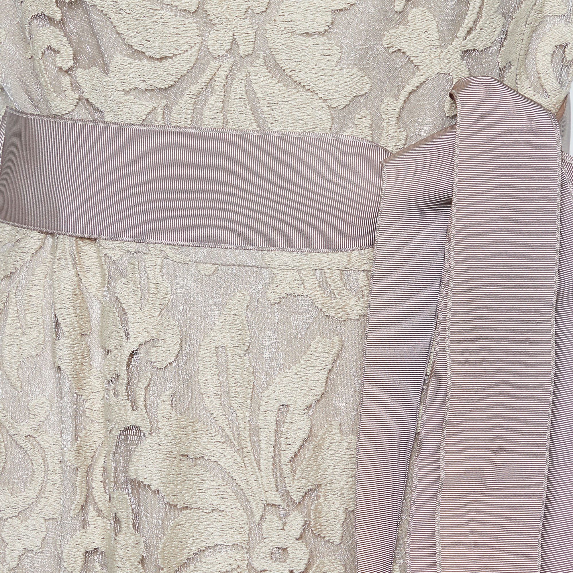Tadashi Shoji Beige Floral Lace One Shoulder Belted Gown L