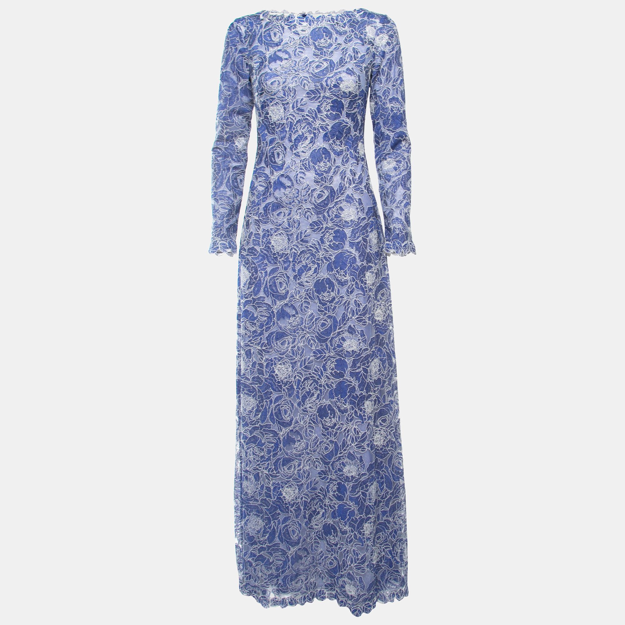 Tadashi Shoji Blue Floral Embroidered Lace Long Sleeve Gown S