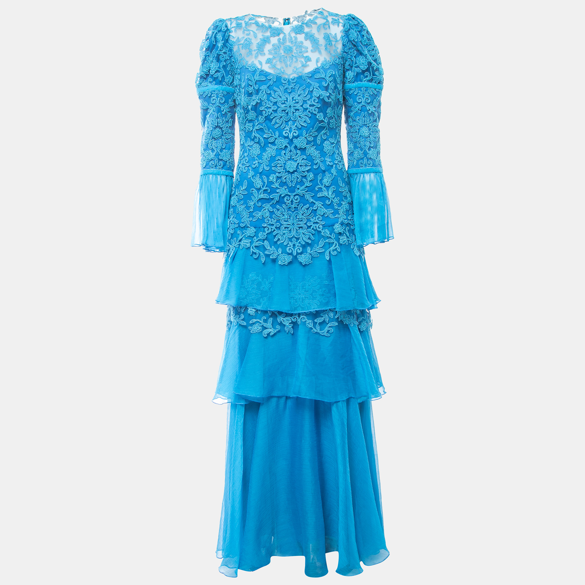 Tadashi Shoji Cerulean Blue Cord Embroidered Tulle Tiered Moreau Gown M