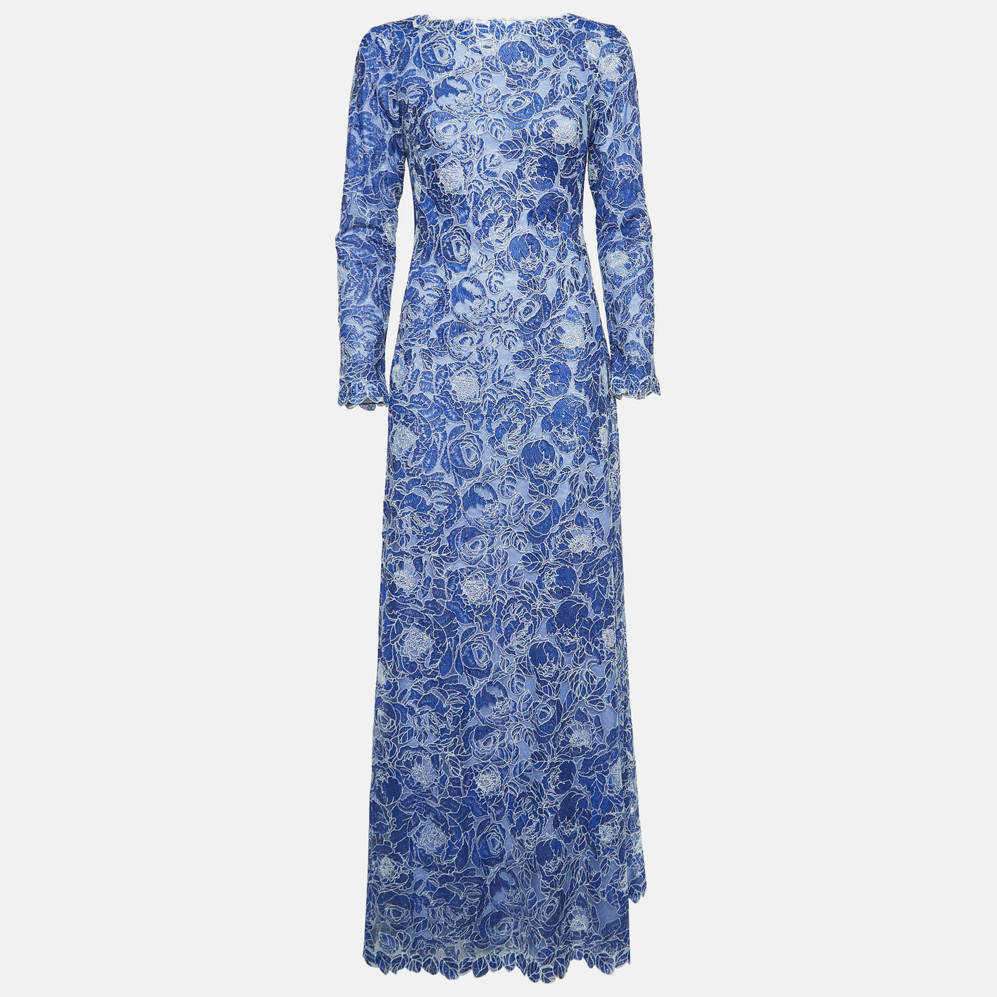 Tadashi shoji blue floral pattern lace long sleeve maxi dress s