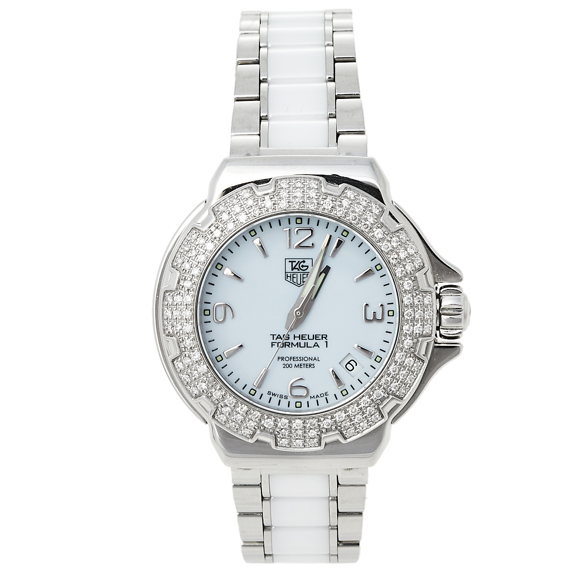 Tag Heuer White Stainless Steel & Ceramic Diamonds Formula 1 WAC1215-0 Women's Wristwatch 37 mm