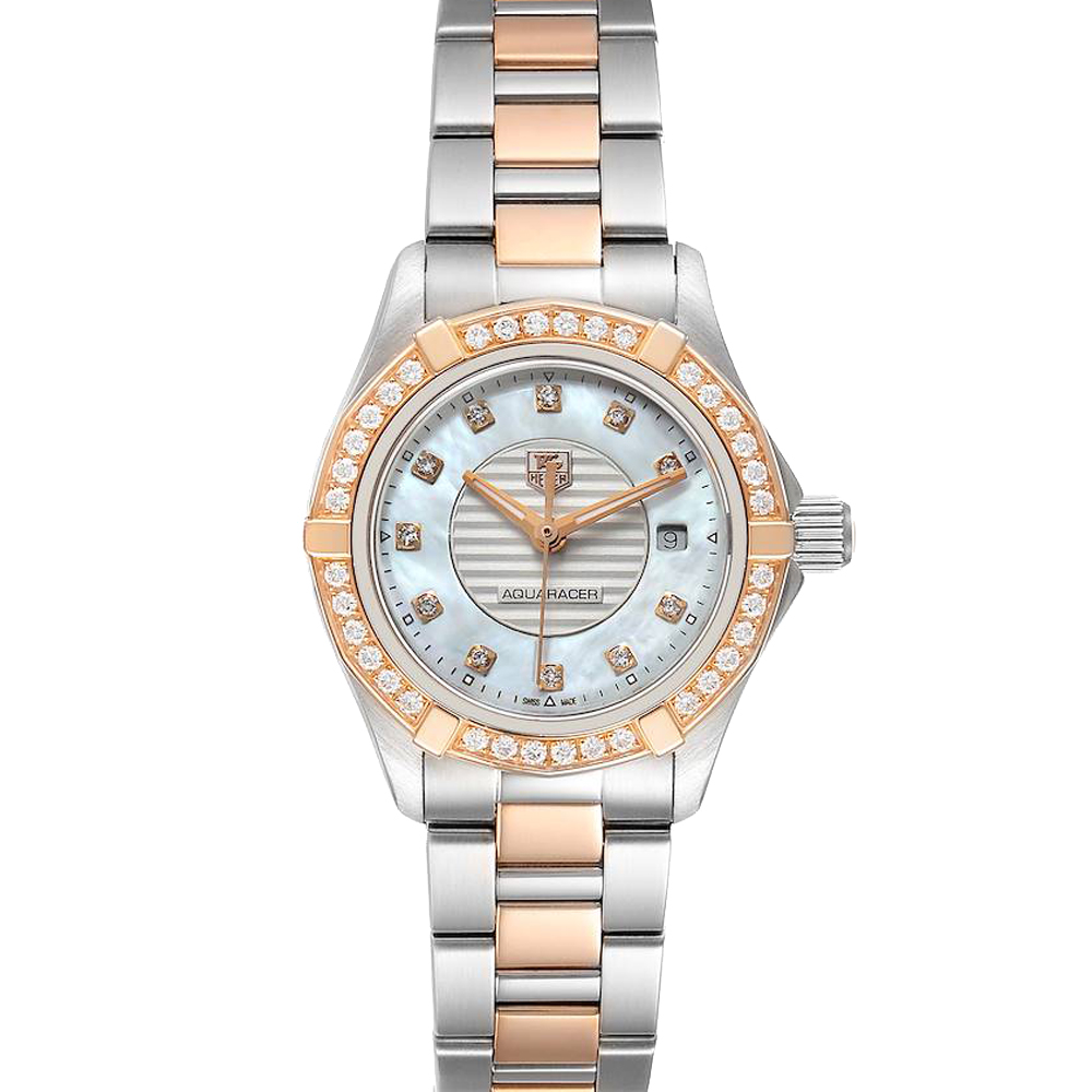 Tag Heuer MOP Diamonds 18K Rose Gold And Stainless Steel Aquaracer WAP1452 Women's Wristwatch 27 MM