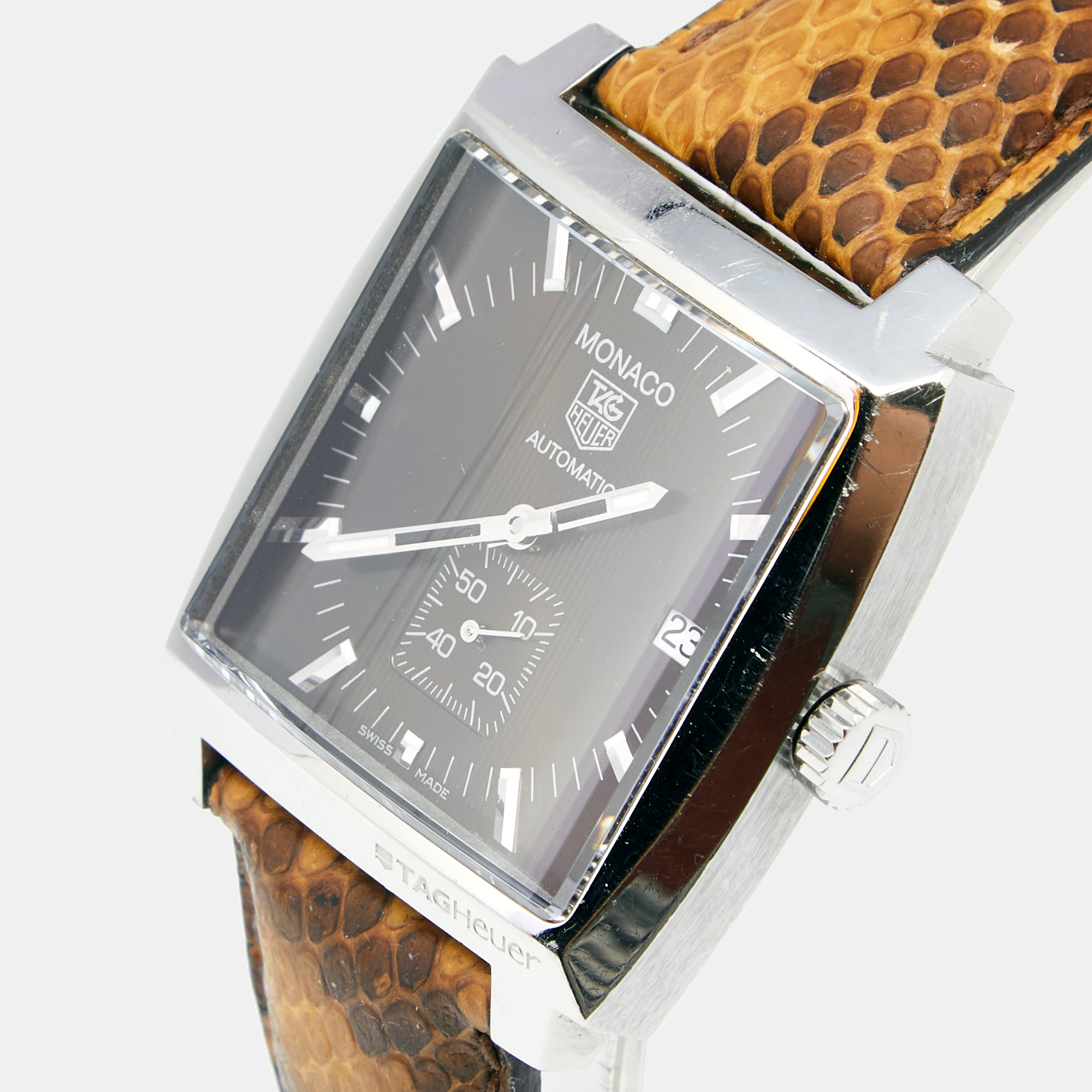 Tag Heuer Brown Stainless Steel Python Skin Leather Monaco WW2115.FC6217 Men's Wristwatch
Tag Heuer Brown Stainless Steel Python Skin Leather Monaco WW2115.FC6217 Men's Wristwatch