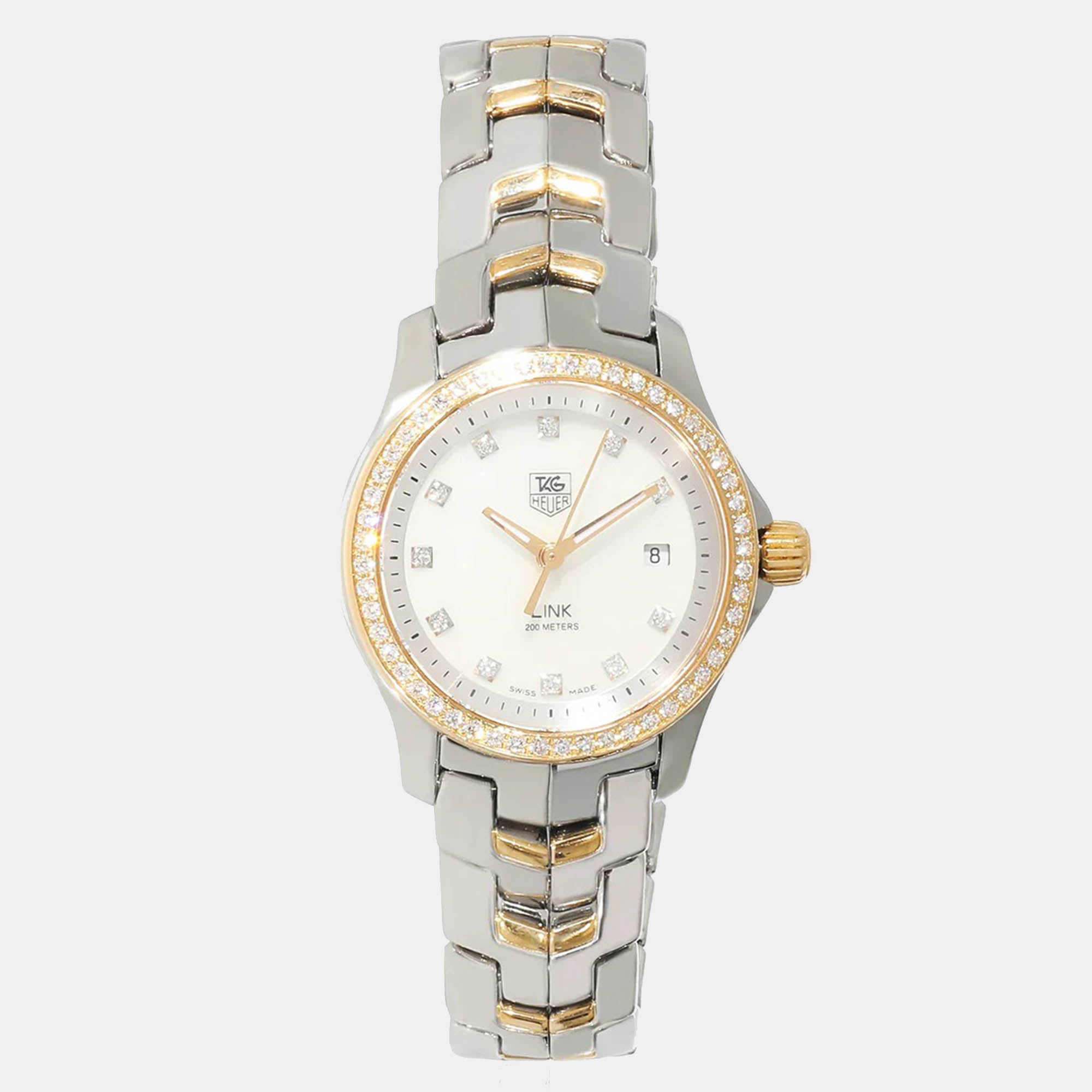 Tag Heuer White Diamond 18k Yellow Gold And Stainless Steel Link WJF1354.BB0581 Quartz Women's Wristwatch 27 Mm