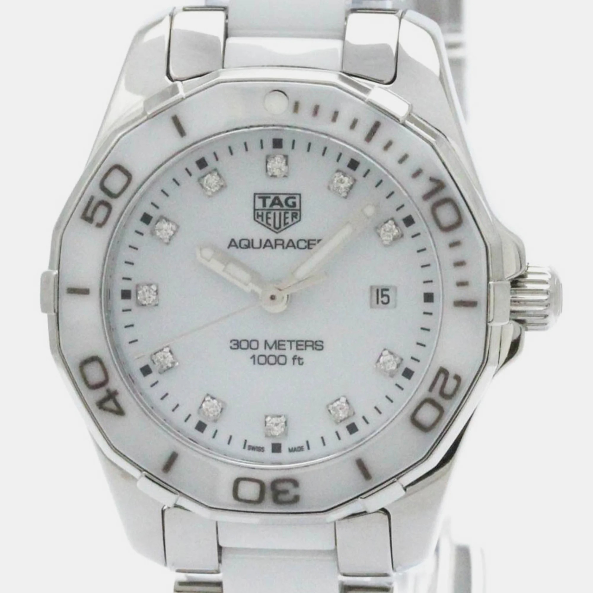 Tag Heuer White Diamond Ceramic And Stainless Steel Aquaracer WAY141D Quartz Women's Wristwatch 30 Mm