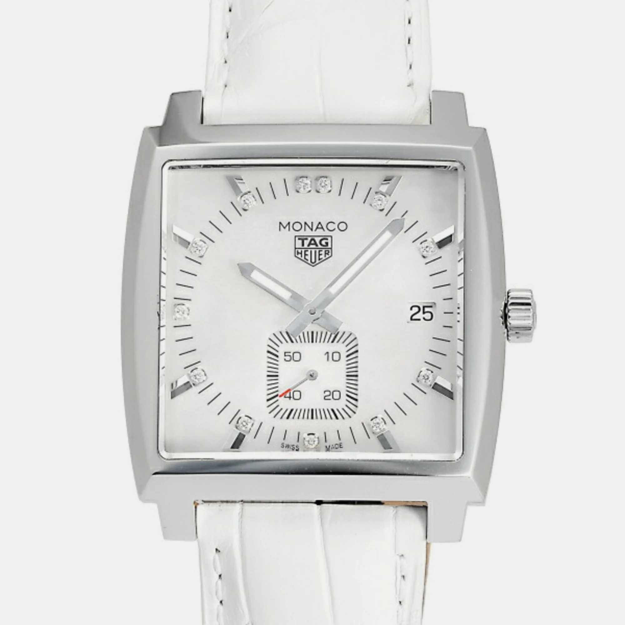 Tag Heuer White Diamond Stainless Steel Monaco WAW131B.FC6247 Quartz Women's Wristwatch 37 Mm