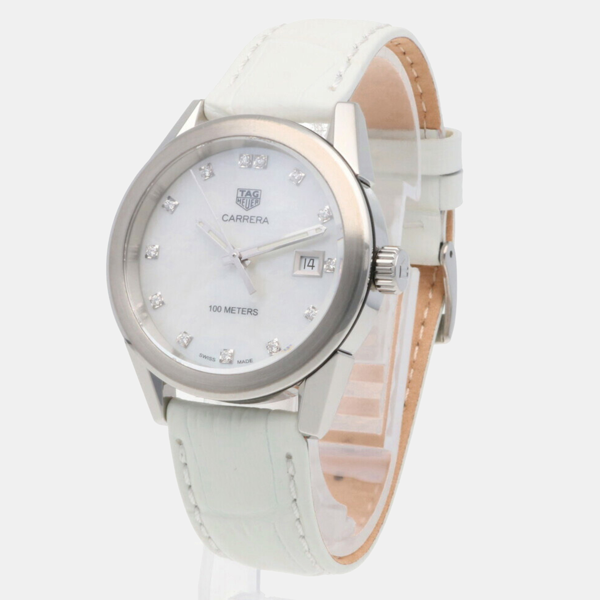 Tag Heuer White Shell Stainless Steel Carrera WBG1312 Quartz Women's Wristwatch 36 Mm