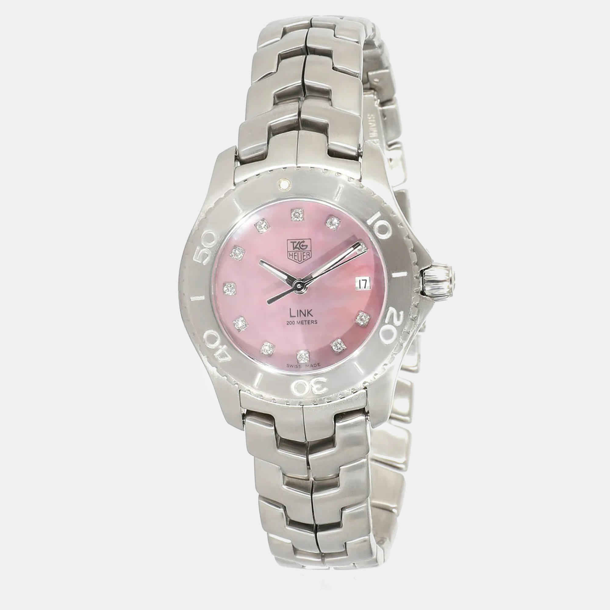 Tag heuer pink stainless steel diamond link wj131c.ba0573 quartz women's wristwatch 27 mm