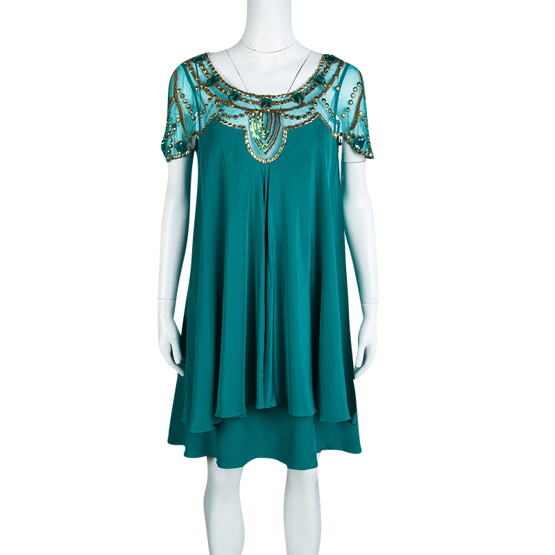 

Temperley London Green Layered Silk Embellished Yoke Detail Dress