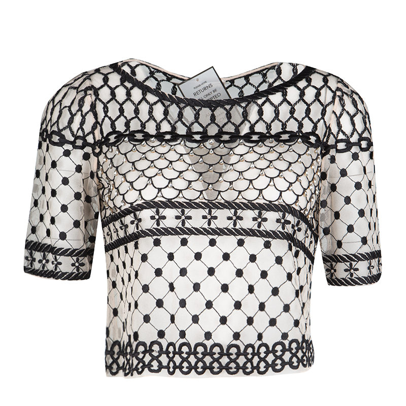 Image of Temperley London Beige Embroidered Embellished Angeli Fishnet Crop Top S