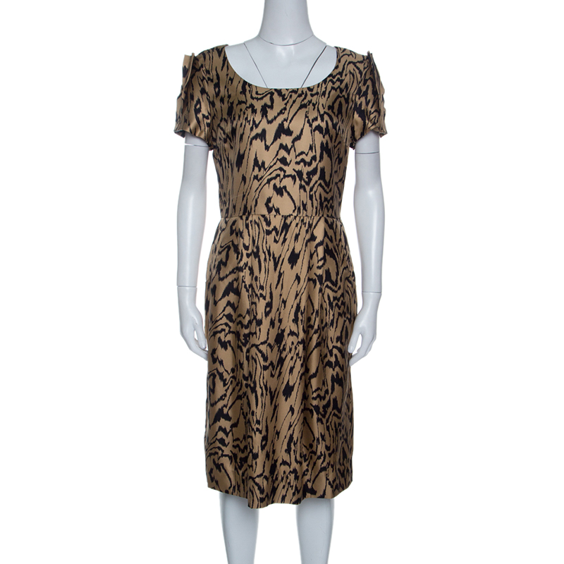 Temperley London Brown And Black Printed Silk Short Sleeve Dress M