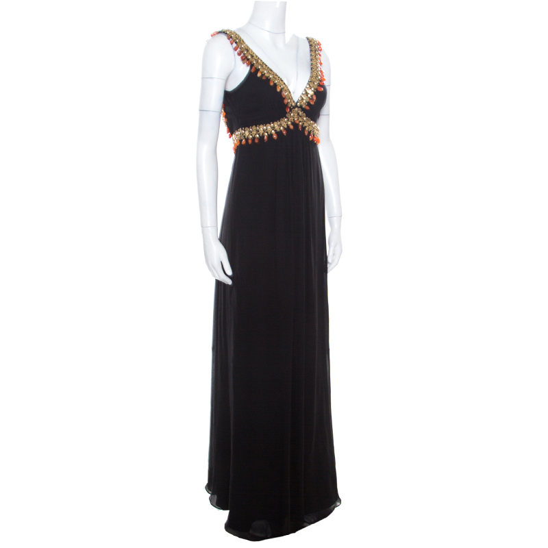 Temperley London Black Silk Chiffon Embellished Bodice Sleeveless Evening Gown S