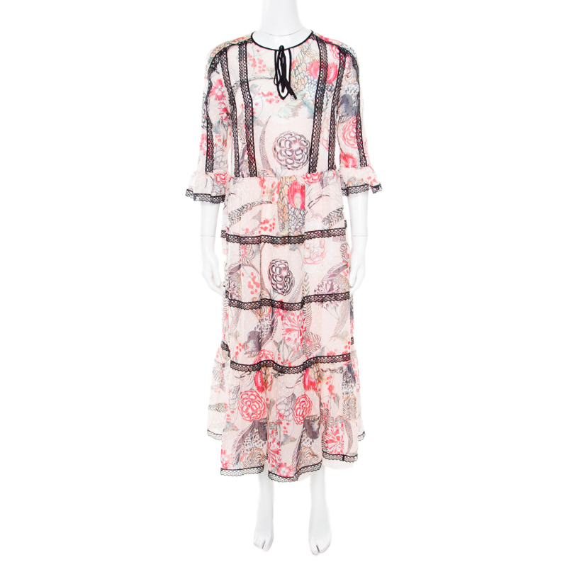 Temperley london almond dotted jacquard dobby shire printed tiered midi dress m