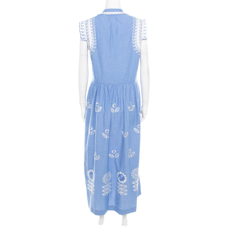 Temperley Blue And White Embroidered Scallop Detail Maxi Dress M