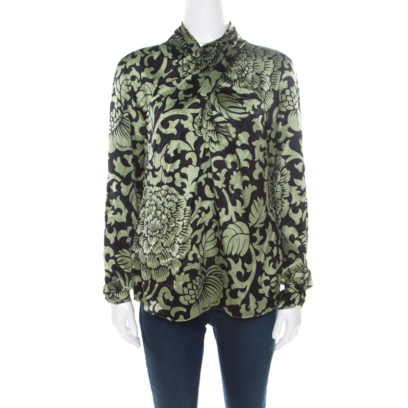 Image of Temperley Black and Green Floral Printed Textured Silk Faux Wrap Front Top M
