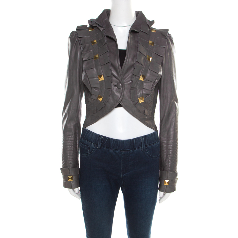 Image of Temperley Grey Leather Ruffle Trim Rock Stud Embellished Cropped Jacket M