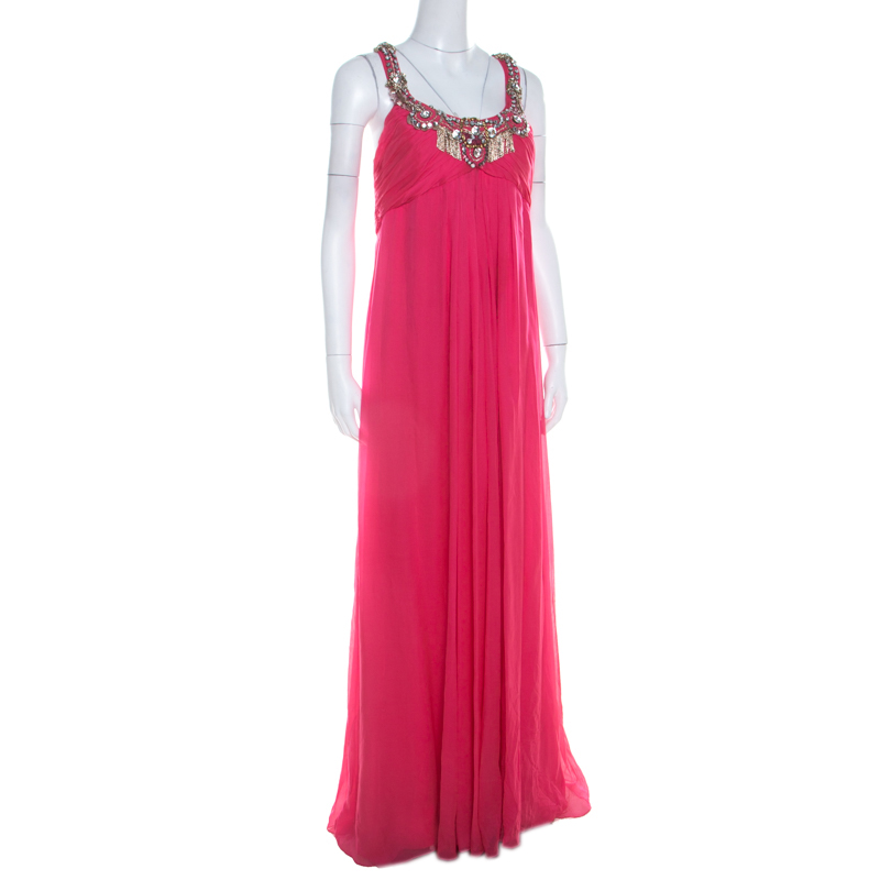 

Temperley London Hot Pink Silk Ruched Embellished Bodice Evening Gown