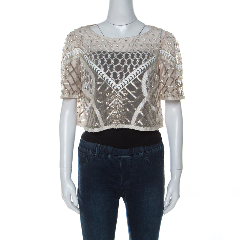 Image of Temperley London Cream Embellished Sand Tulle Crop Top L