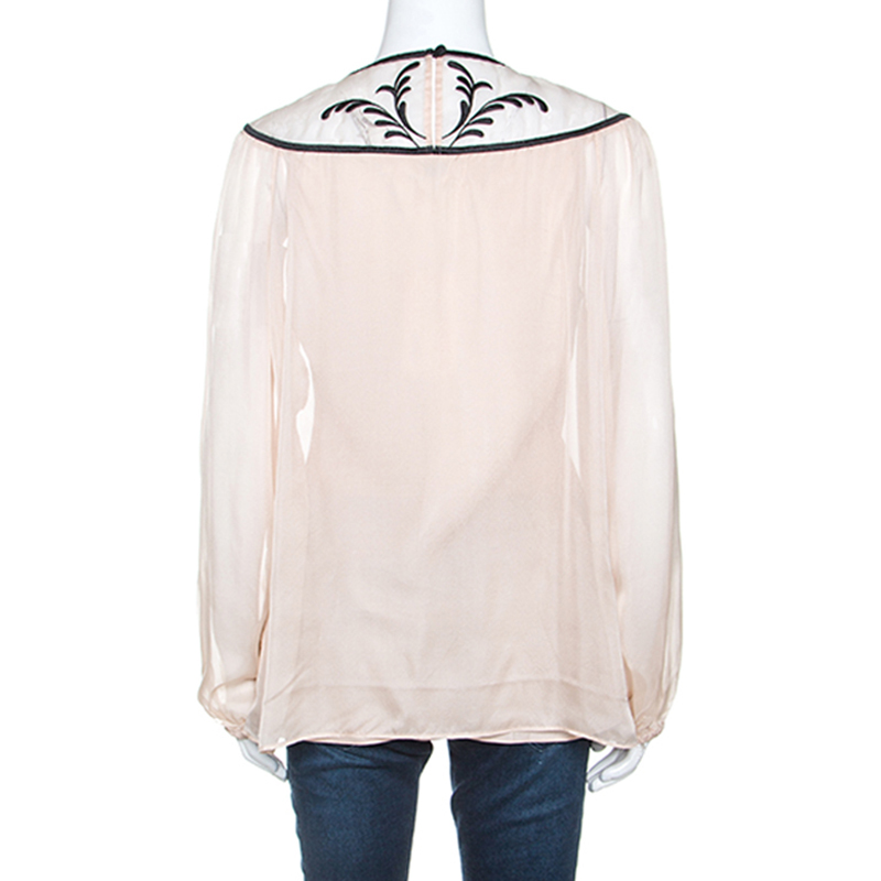 Temperley Pale Pink Chiffon Contrast Embroidery Detail Blouse L