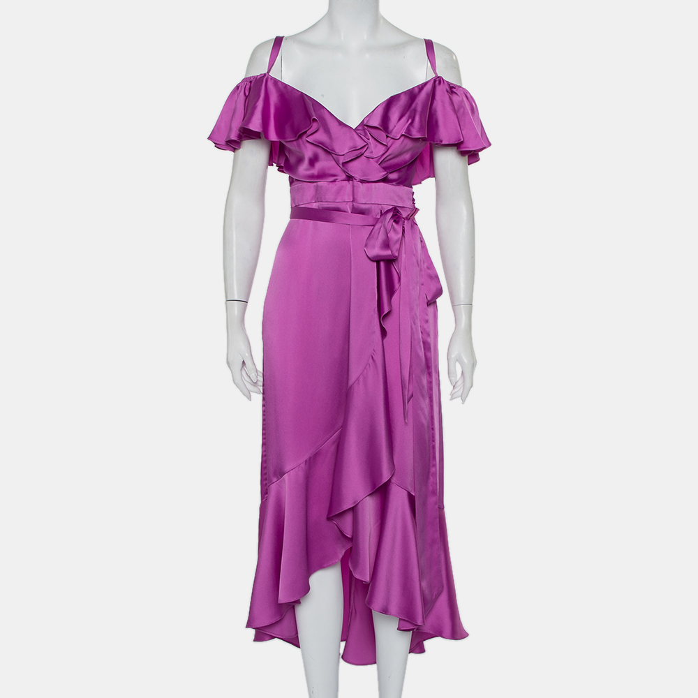Temperly london temperley purple satin ruffled cold shoulder belted faux wrap midi dress m