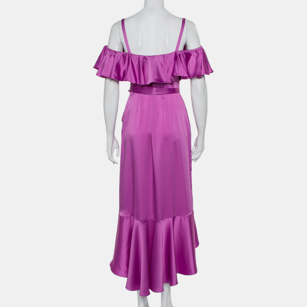 Temperley Purple Satin Ruffled Cold Shoulder Belted Faux Wrap Midi Dress M
