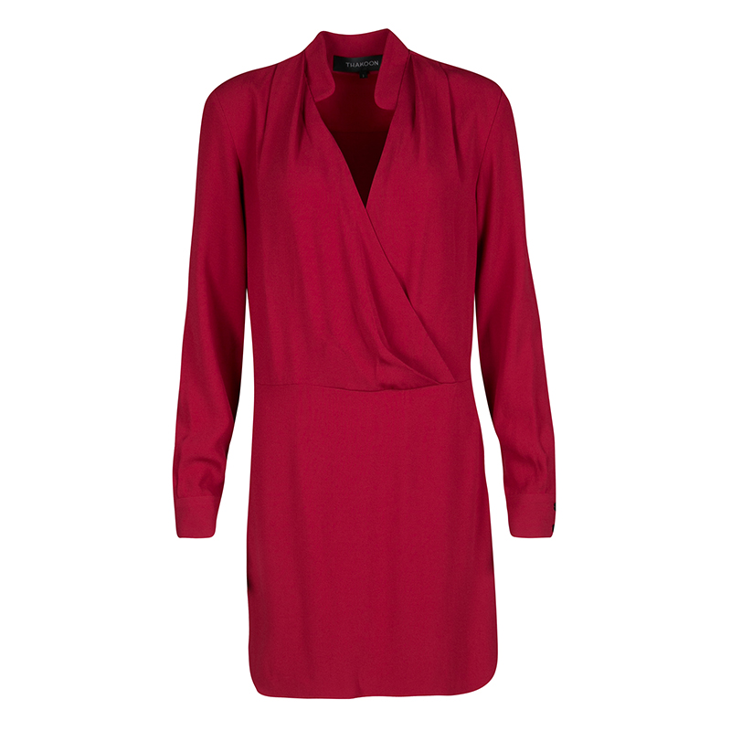 Image of Thakoon Red Crepe Draped Long Sleeve Dress S
