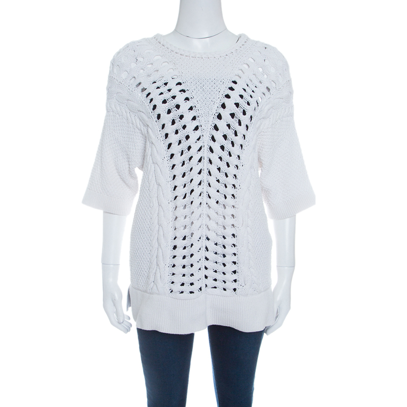 Thakoon Off White Chunky Perforated Knit Rib Trim Short Sleeve Top M