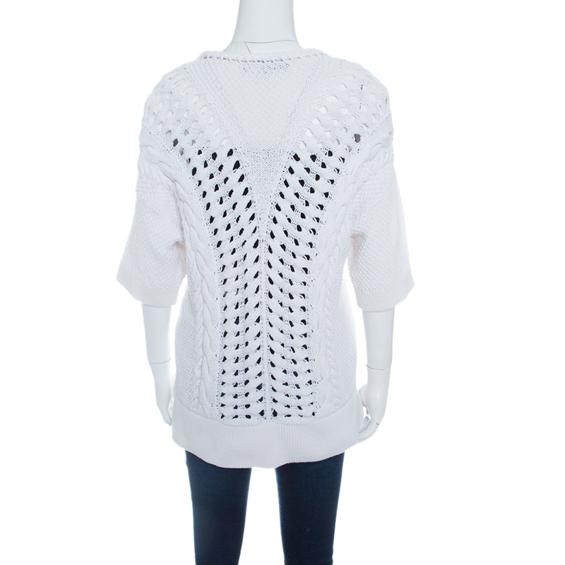 Thakoon Off White Chunky Perforated Knit Rib Trim Short Sleeve Top M
