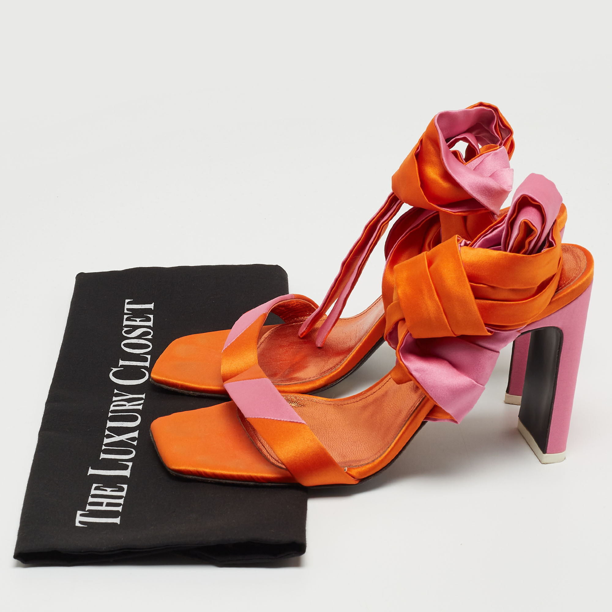 The Attico Orange/Pink Satin Ankle Tie Sandals Size 39