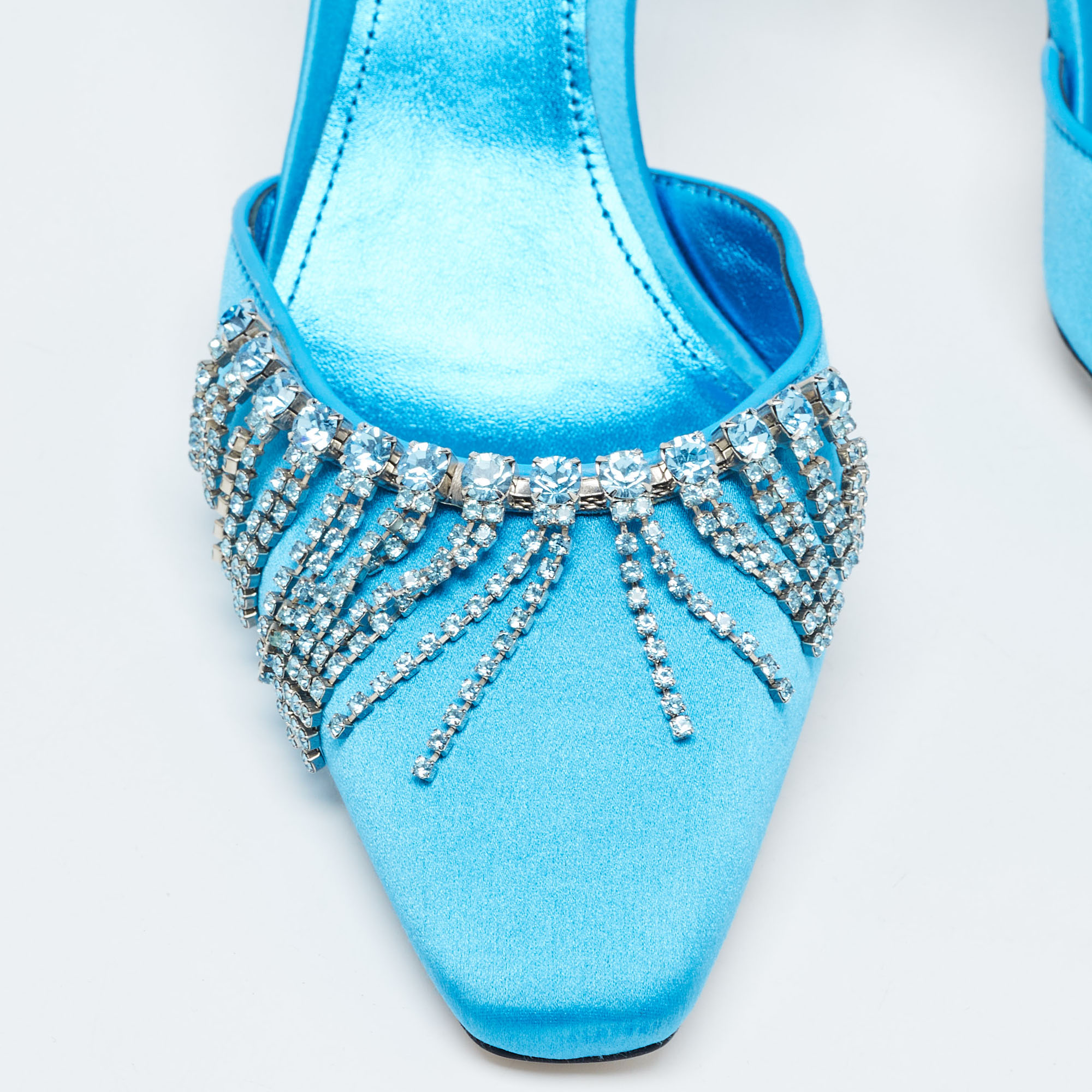 The Attico Blue Satin Crystal Embellished Slingback Pumps Size 38