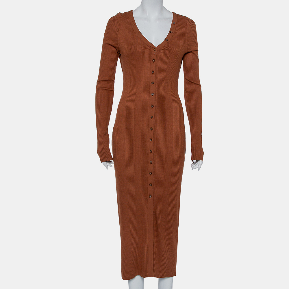 The range brown rib knit button front midi dress m