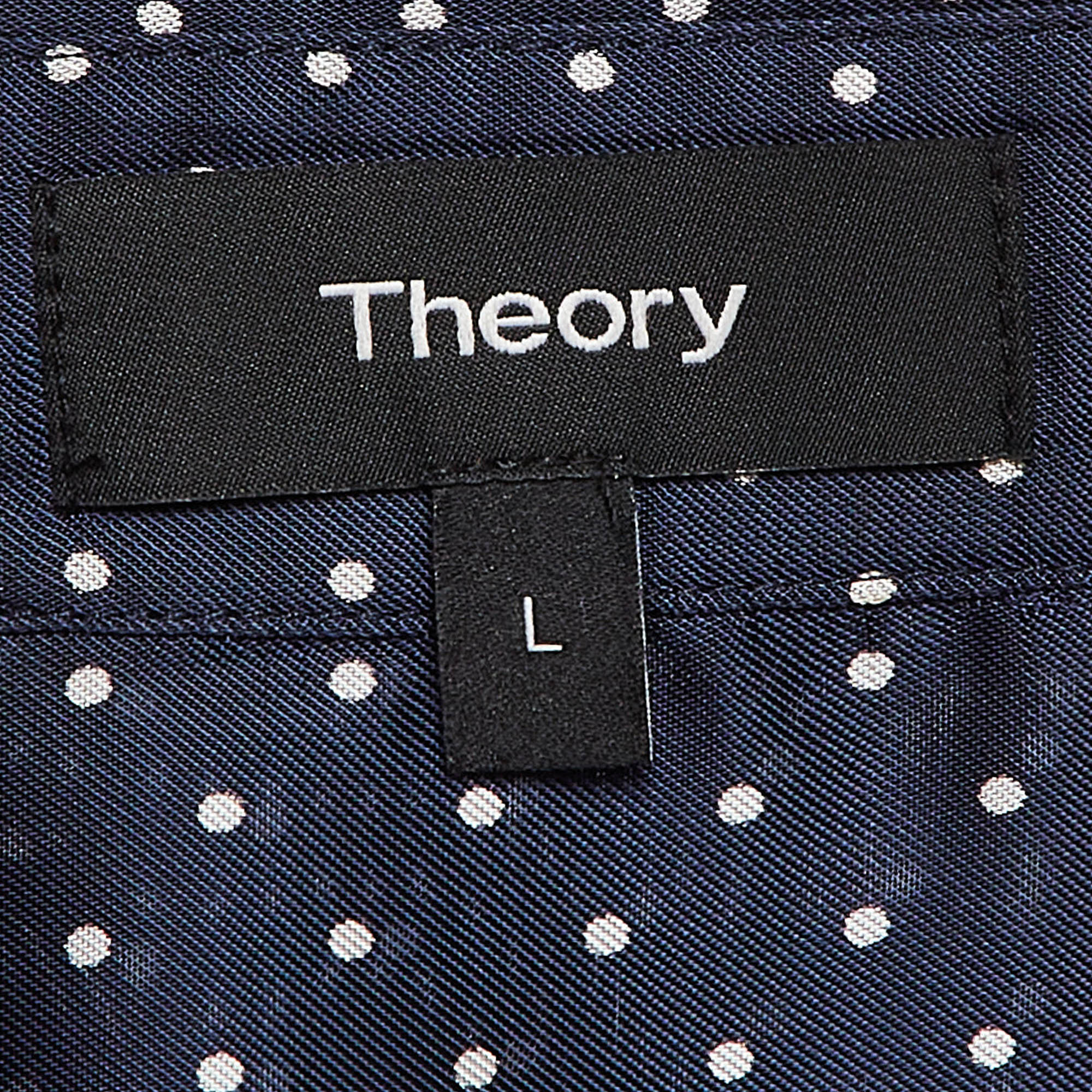 Theory Navy Blue Polka Dots Print Shirt L