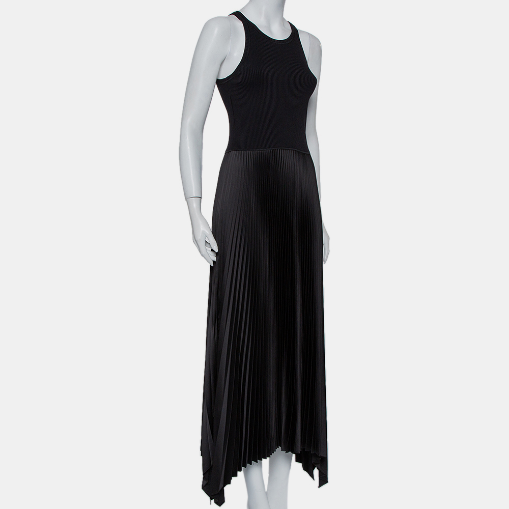 

Theory Black Rib Knit & Plisse Sleeveless Asymmetric Hem Vinessi Maxi Dress