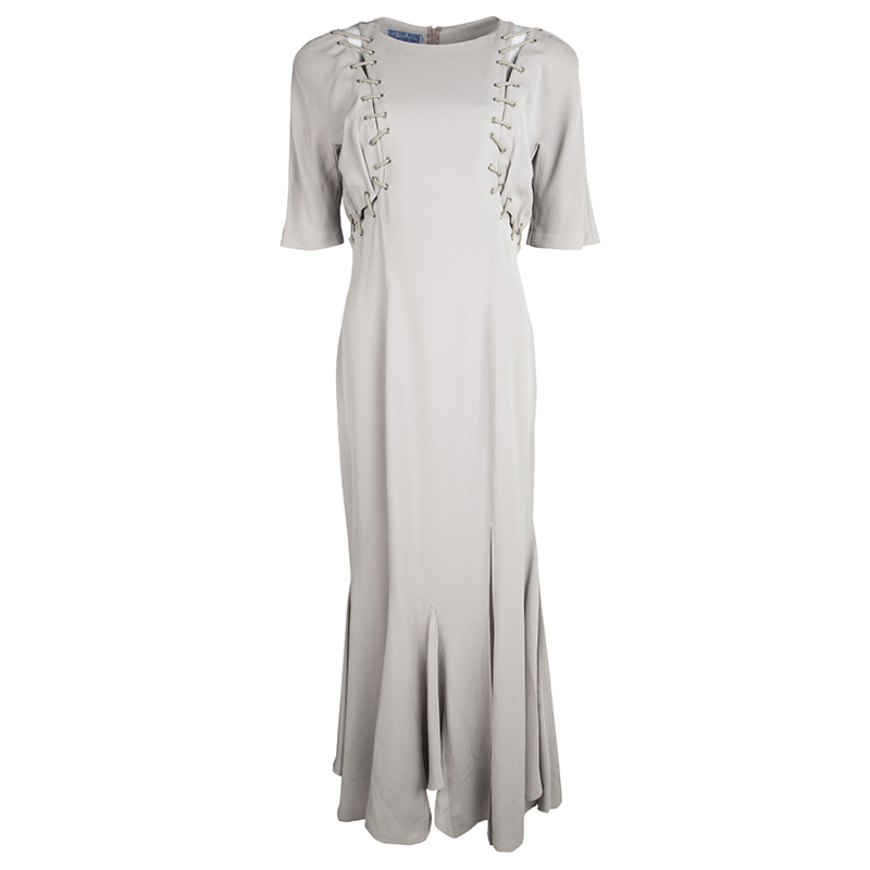 Image of Thierry Mugler Vintage Beige Cutout Detail Flared Bottom Maxi Dress L