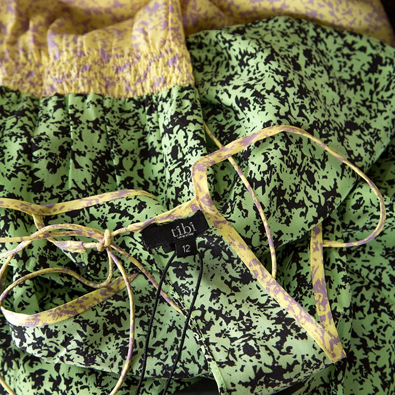 Tibi Bicolor Abstract Print Silk Elasticized Waist Midi Dress L
