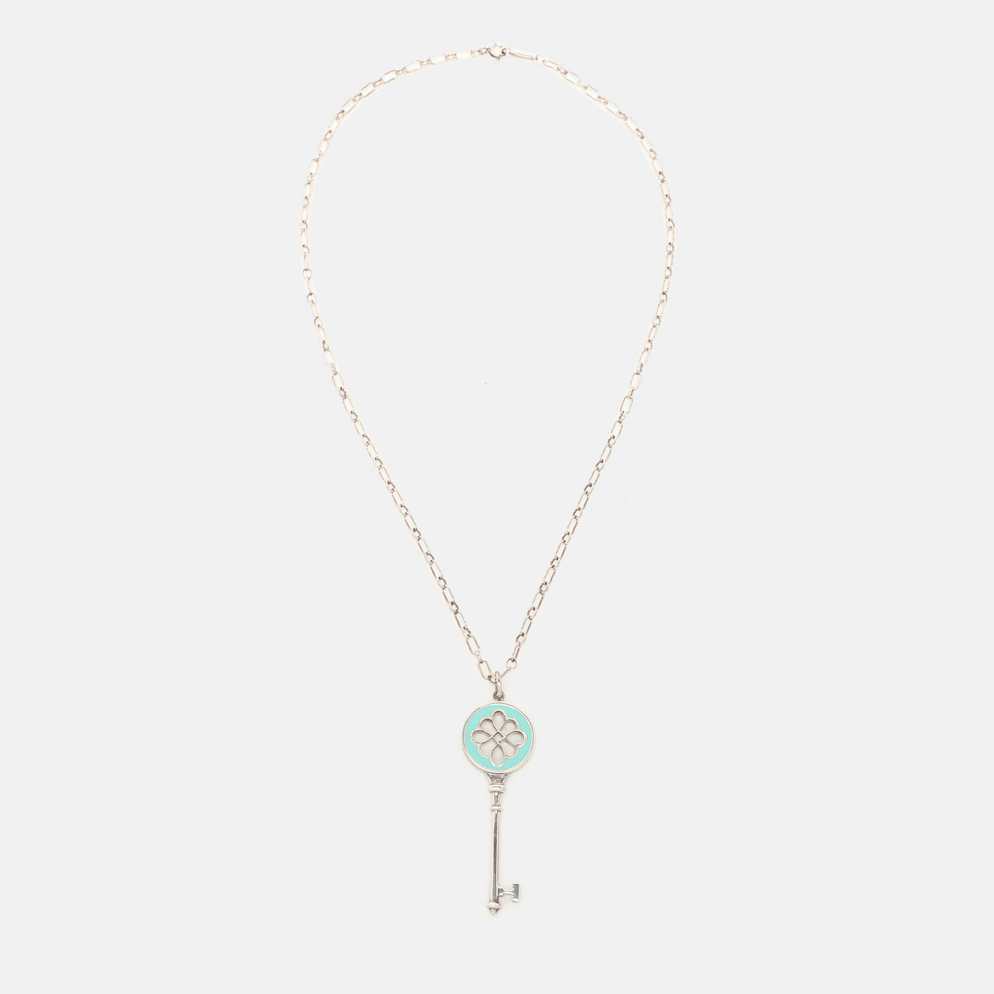 Tiffany & Co. Knot Key Enamel Silver Pendant Oval Chain Link Necklace