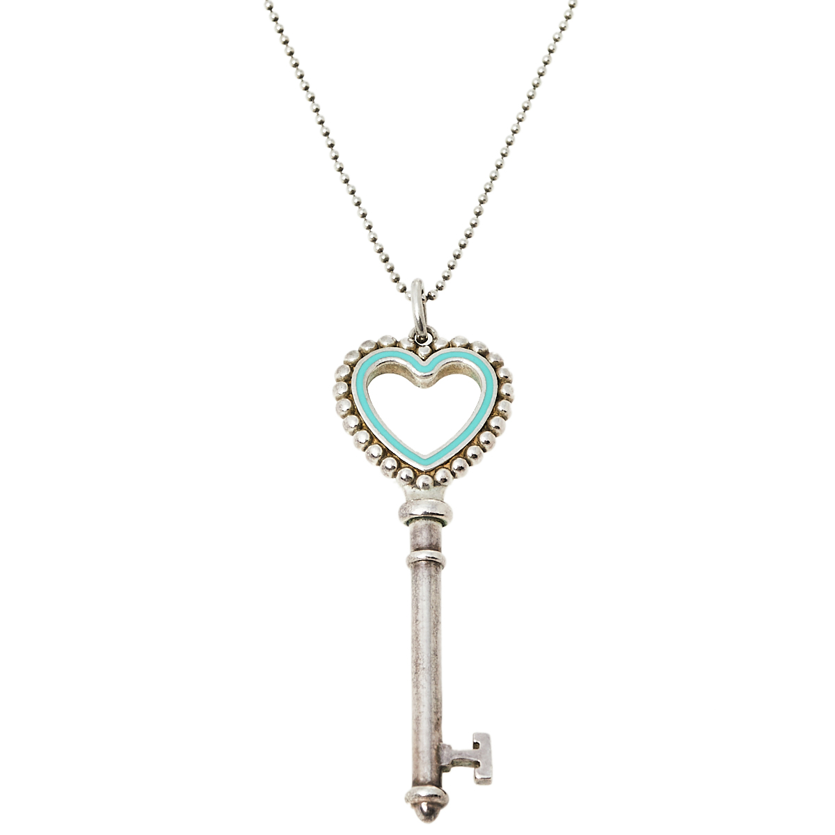 Tiffany & Co. Enamel Beaded Heart Key Silver Pendant Necklace