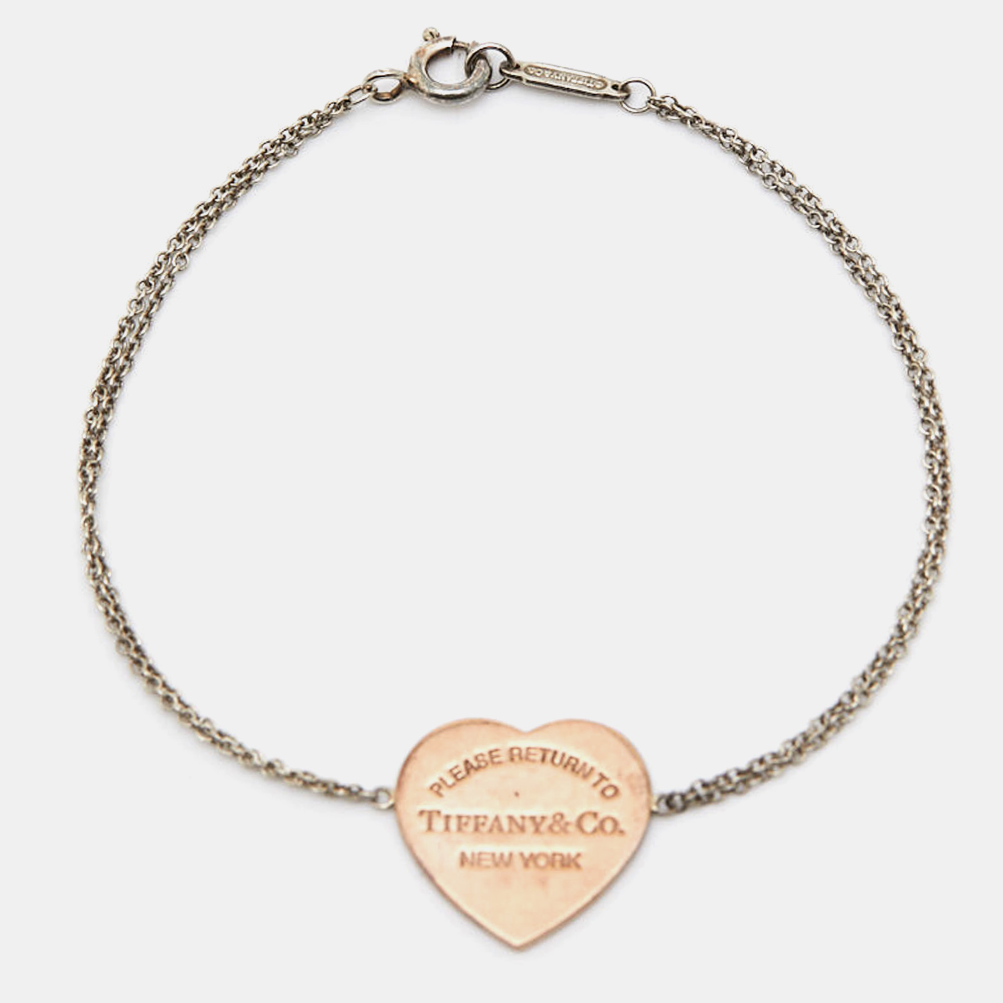 Tiffany & co. return to tiffany sterling silver rubedo heart tag double chain bracelet