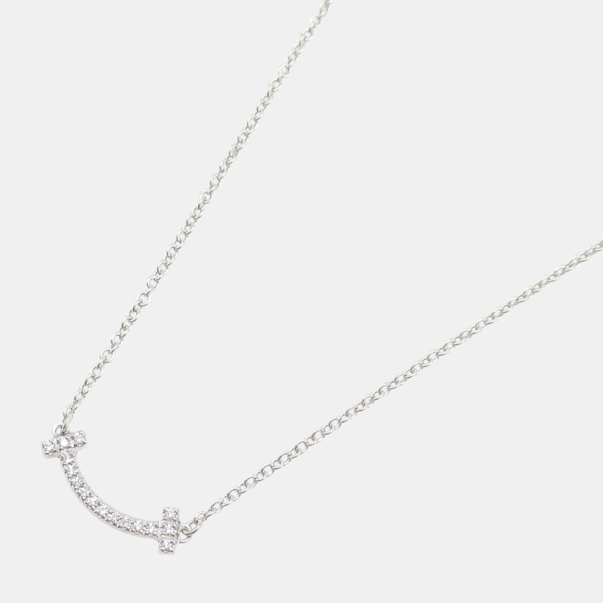 Tiffany & Co. T Smile Mini Diamond Necklace 18k White Gold Clear Metal