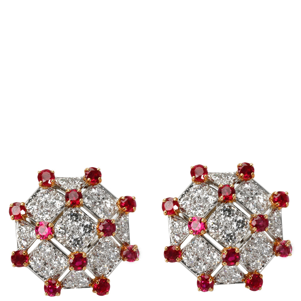 Tiffany Diamond & Ruby Trellis 18K Yellow Gold Platinum Vintage Earrings