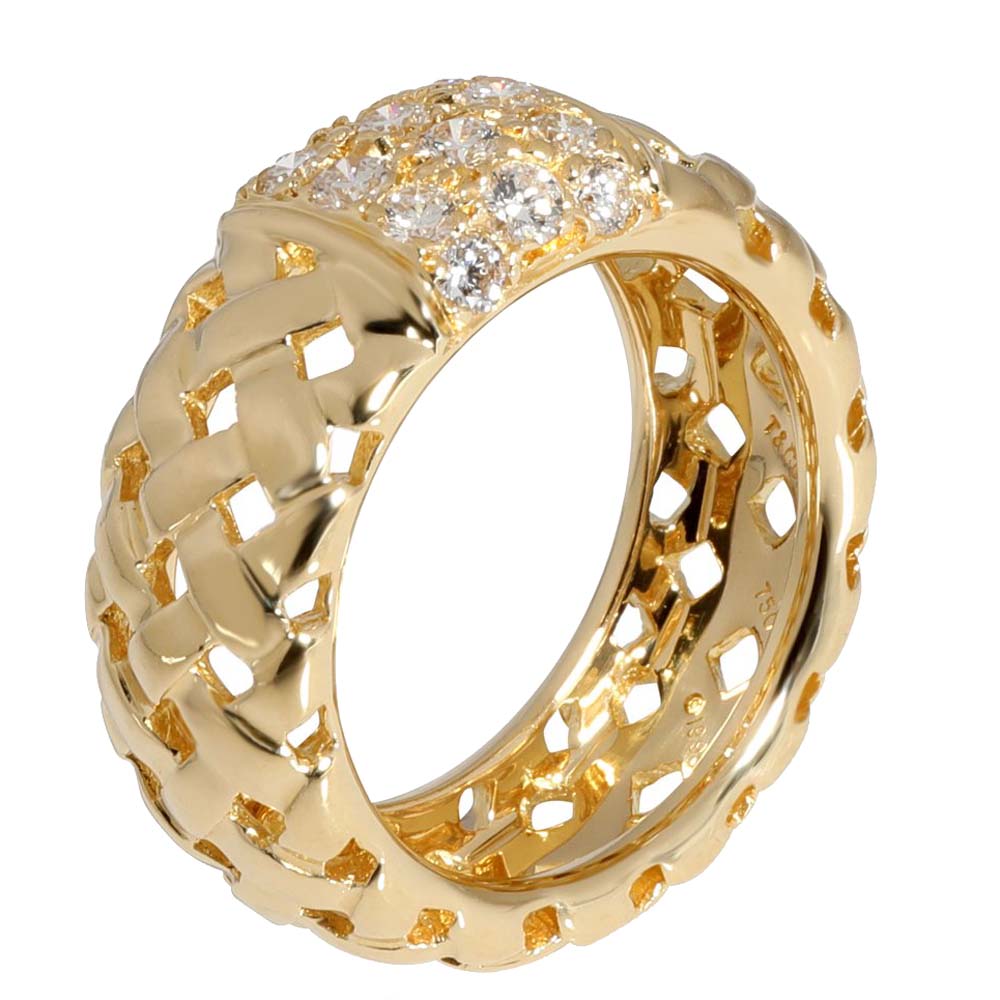 Tiffany & Co. Vannerie Basket Weave Diamond 18K Yellow Gold Ring Size EU 51