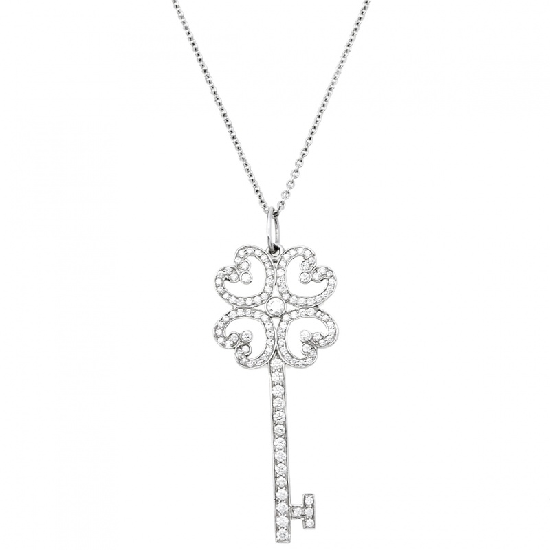 Tiffany & Co. Tiffany Keys Diamond 18K White Gold Quatra Heart Key Pendant Necklace