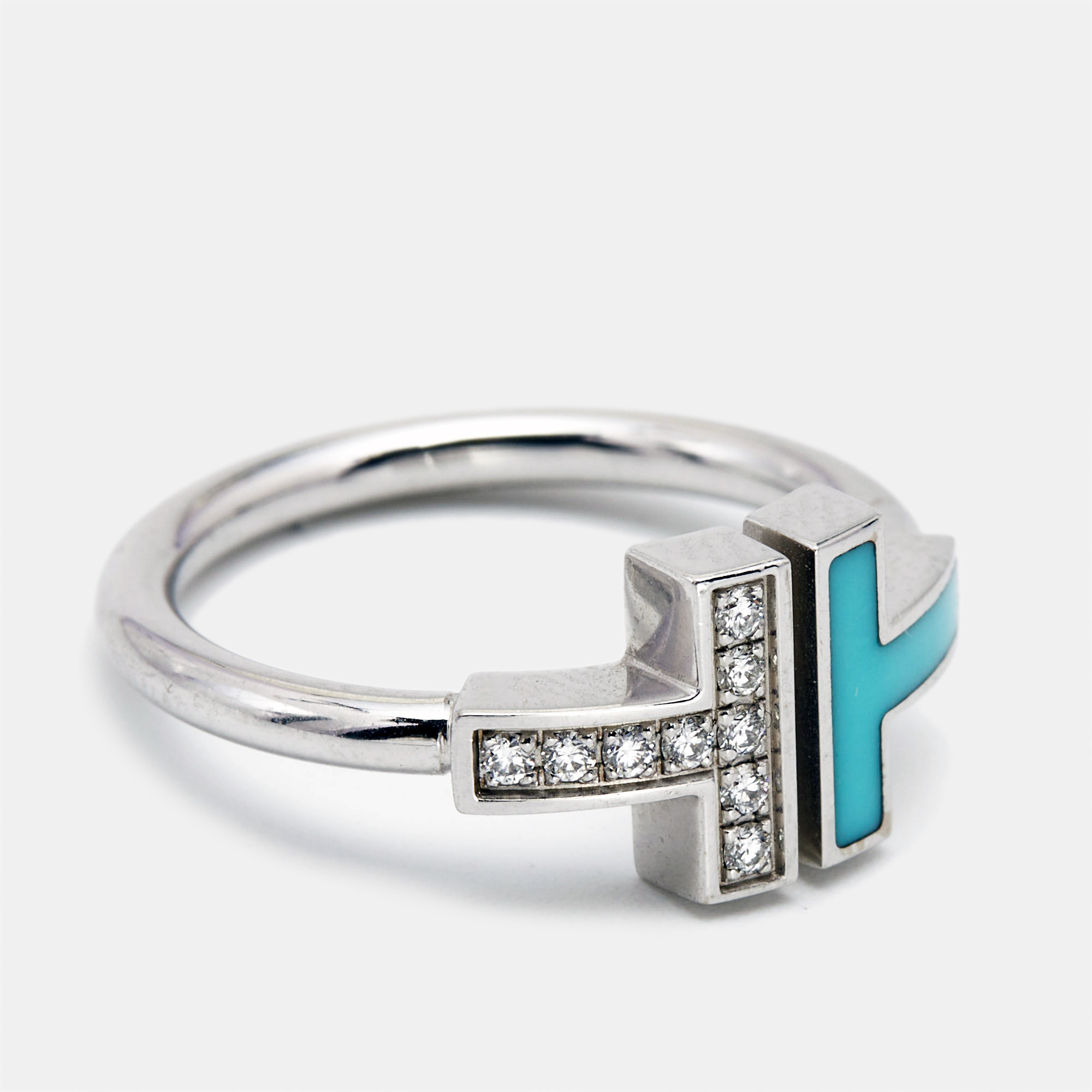 Tiffany & Co. Twire Turquoise Diamonds 18k White Gold Ring Size 52
