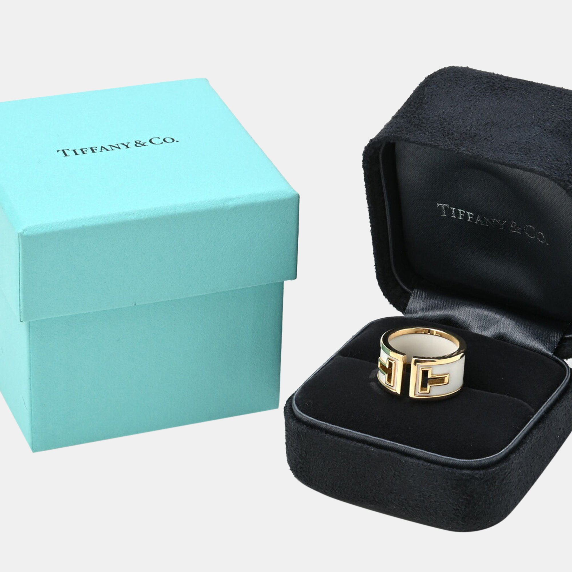 Tiffany & Co. 18K Yellow Gold And Ceramic T Cutout Ring EU 52