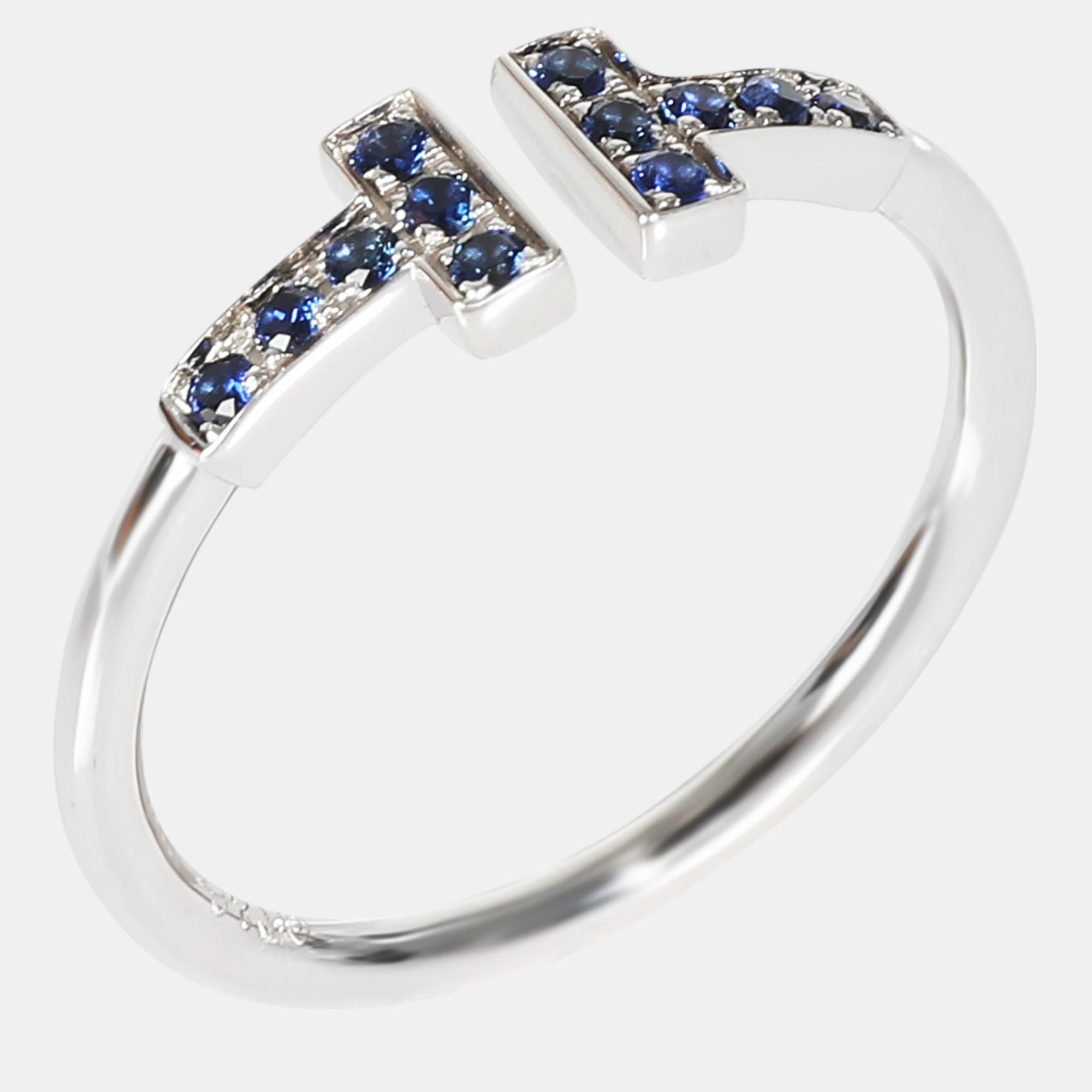 Tiffany & co. 18k white gold 0.14 ctw t wire blue sapphire ring us 7