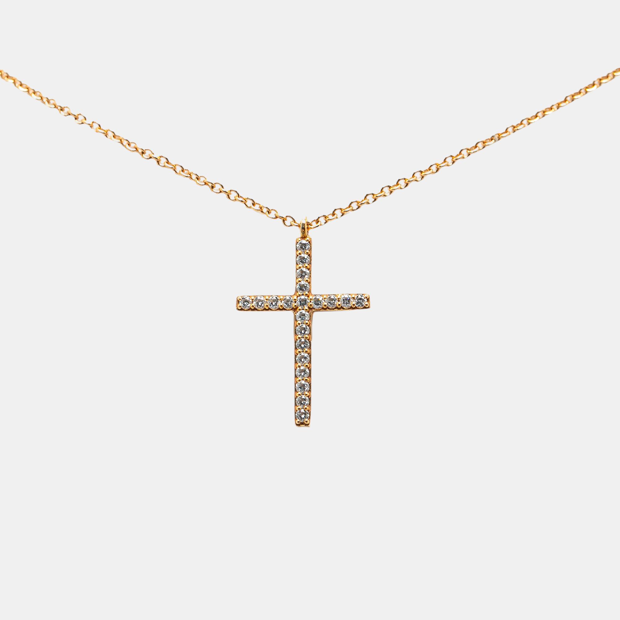 Tiffany & co. 18k yellow gold diamond medium metro cross pendant necklace