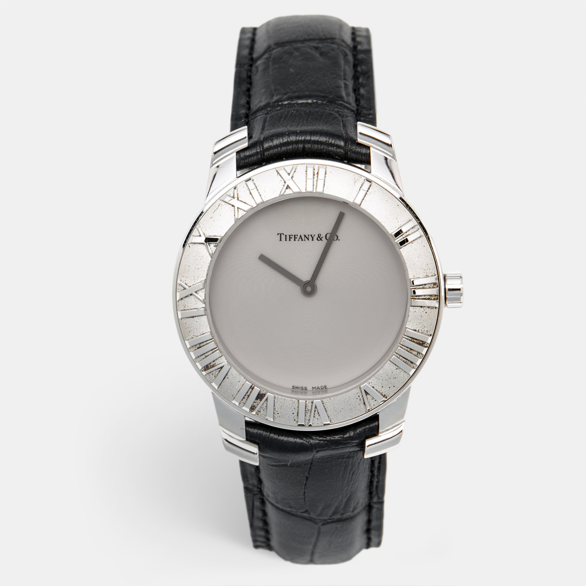 Tiffany & Co. Grey Sterling Silver Embossed Leather Atlas Women's Wristwatch, Black
Tiffany & Co. Grey Sterling Silver Embossed Leather Atlas Women's Wristwatch, Black