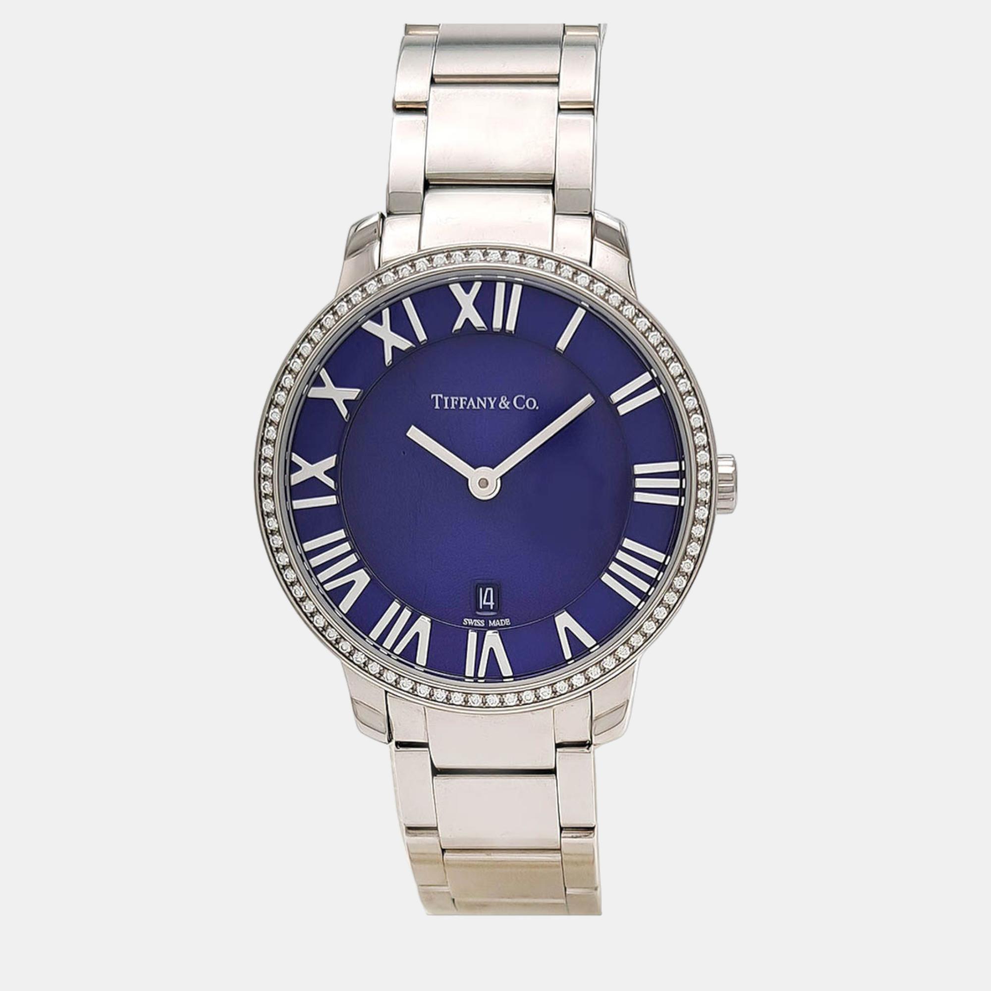 Tiffany & Co. Blue Stainless Steel Atlas Quartz Women's Wristwatch 31 Mm